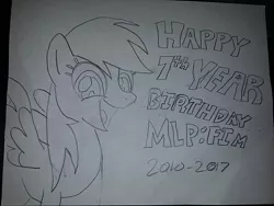 Size: 800x600 | Tagged: safe, artist:milo(german), derpibooru import, derpy hooves, pegasus, pony, female, grayscale, happy birthday mlp:fim, looking at you, mare, mlp fim's seventh anniversary, monochrome, open mouth, smiling, solo, spread wings, traditional art, underp, wings