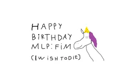 Size: 1536x864 | Tagged: 1000 hours in ms paint, artist:mrbananapony, derpibooru import, happy birthday mlp:fim, hat, looking at you, mlp fim's seventh anniversary, oc, party hat, safe, simple background, sketch, solo, text, unofficial characters only, white background