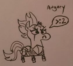 Size: 474x428 | Tagged: safe, artist:jargon scott, derpibooru import, tempest shadow, pony, unicorn, my little pony: the movie, :c, >:2, angery, angry, armor, black and white, broken horn, chibi, emoticon, eye scar, female, frown, glare, gray background, grayscale, horn, mare, misspelling, monochrome, pictogram, scar, silly, silly pony, simple background, smol, solo, speech bubble, traditional art