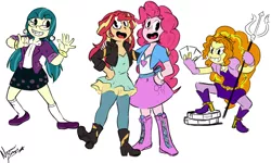 Size: 1280x768 | Tagged: safe, artist:nayaasebeleguii, derpibooru import, adagio dazzle, juniper montage, pinkie pie, sunset shimmer, equestria girls, crossover, cuphead, cuphead (character), king dice, mugman, parody, studio mdhr, style emulation, the devil, trident