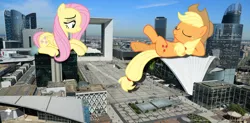 Size: 3000x1470 | Tagged: suggestive, artist:luckreza8, artist:sakatagintoki117, artist:theotterpony, derpibooru import, applejack, fluttershy, pony, irl, la défense, macro, paris, photo, ponies in real life, prone, story in the source, story included