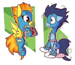 Size: 1970x1700 | Tagged: safe, artist:hedgehog-plant, derpibooru import, soarin', spitfire, pegasus, pony, abstract background, clothes, cloud, eye contact, female, injured, looking at each other, male, mare, stallion, uniform, wonderbolts uniform