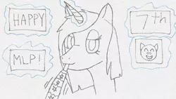 Size: 1371x771 | Tagged: safe, artist:derpisatcraft, derpibooru import, oc, oc:memory match, unofficial characters only, unicorn, celebration, happy birthday mlp:fim, magic, mlp fim's seventh anniversary, monochrome, party horn, solo, telekinesis