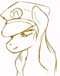 Size: 466x593 | Tagged: safe, derpibooru import, oc, oc:maría teresa de los ponyos paguetti, unofficial characters only, earth pony, pony, female, hat, mare, mascot, monochrome, peaked cap, simple background, sketch, white background, ñ