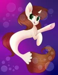 Size: 772x1000 | Tagged: safe, artist:beashay, derpibooru import, oc, oc:shay, unofficial characters only, pony, seapony (g4), unicorn, dorsal fin, female, fish tail, flowing mane, flowing tail, green eyes, horn, image, movie accurate, open mouth, png, purple background, seaponified, simple background, smiling, solo, species swap, tail, underwater, water