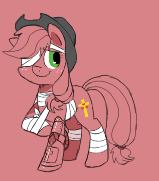 Size: 750x850 | Tagged: safe, artist:yokokinawa, derpibooru import, applejack, earth pony, pony, adoracreepy, alternate cutie mark, amputee, appleborg, applejack's hat, bandage, cowboy hat, creepy, cross, cute, goretober, hat, jackabetes, prosthetic limb, prosthetics, solo, steampunk, vampire hunter