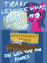 Size: 528x707 | Tagged: artist:threetwotwo32232, computer, derpibooru import, dialogue, happy birthday mlp:fim, mlp fim's seventh anniversary, oc, safe, shelf, solo, spider, spider web, time for ponies, unofficial characters only