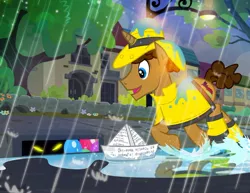 Size: 1000x773 | Tagged: safe, artist:pixelkitties, derpibooru import, ponified, pony, unicorn, castle mane-ia, balloon, clothes, glowing eyes, it, it's a trap, josh haber, male, night, parody, pixelkitties' brilliant autograph media artwork, rain, raincoat, script, stallion, storm drain, street, this will end in death, this will not end well, too dumb to live, wellington boots