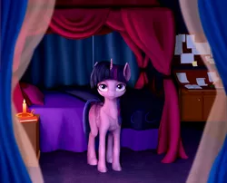 Size: 2100x1700 | Tagged: alicorn, artist:samum41, bed, bedroom, candle, curtains, derpibooru import, desk, looking at you, realistic anatomy, safe, solo, twilight sparkle, twilight sparkle (alicorn)