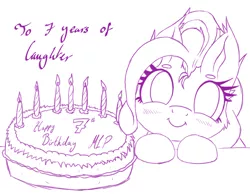 Size: 1934x1516 | Tagged: artist:bigshot232, birthday candles, blushing, cake, derpibooru import, food, happy birthday mlp:fim, mlp fim's seventh anniversary, pinkie pie, safe, smiling