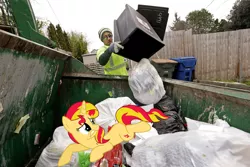 Size: 900x600 | Tagged: safe, derpibooru import, edit, sunset shimmer, pony, unicorn, abuse, downvote bait, shimmerbuse, sunset shimmer's trash can, trash