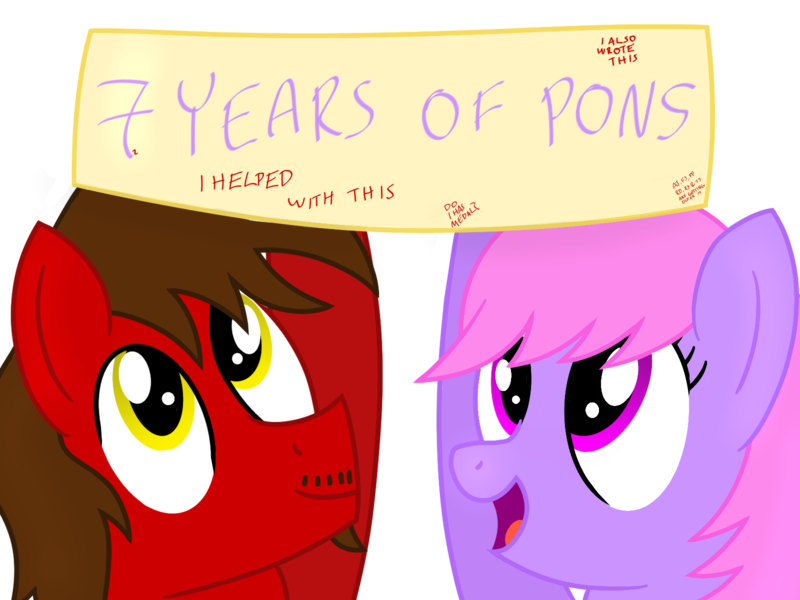 Size: 1600x1200 | Tagged: safe, artist:toyminator900, derpibooru import, oc, oc:chip, oc:melody notes, unofficial characters only, pony, banner, duo, happy birthday mlp:fim, mlp fim's seventh anniversary, simple background, transparent background