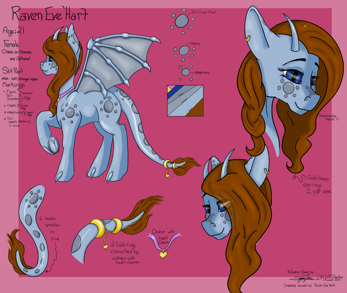 Size: 1200x1015 | Tagged: safe, artist:littlewolfstudios, derpibooru import, oc, oc:raven eve'hart, unofficial characters only, dracony, dragon, hybrid, pony, female, flutter style hair, mare, reference sheet, tail wrap