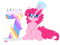 Size: 1024x768 | Tagged: safe, artist:vanillaswirl6, derpibooru import, pinkie pie, pony, 7, :i, :t, anniversary, aweeg*, birthday, birthday cake, birthday candles, blushing, cake, candle, cheek fluff, chef's hat, chest fluff, colored eyelashes, ear fluff, eating, female, fluffy, food, frosting, happy birthday mlp:fim, hat, hoof fluff, looking at you, mare, messy eating, mlp fim's seventh anniversary, pinkie pie day, plate, ponk, puffy cheeks, raised hoof, simple background, sitting, solo, transparent background