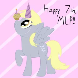 Size: 1500x1500 | Tagged: artist:nitei, balancing, derpibooru import, derpy hooves, food, happy birthday mlp:fim, hat, mlp fim's seventh anniversary, muffin, party hat, ponies balancing stuff on their nose, safe