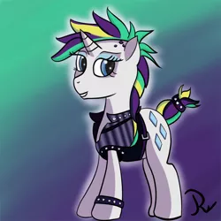 Size: 1000x1000 | Tagged: safe, artist:reflex-pony, derpibooru import, rarity, pony, it isn't the mane thing about you, alternate hairstyle, clothes, female, mare, punk, raripunk, short hair, smiling, solo