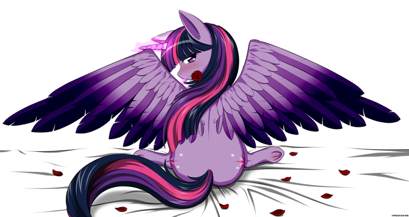 Size: 6580x3507 | Tagged: suggestive, artist:conrad-hauser, derpibooru import, twilight sparkle, twilight sparkle (alicorn), alicorn, pony, absurd resolution, both cutie marks, butt, colored wings, female, flower, frog (hoof), glowing horn, horn, looking at you, looking back, looking back at you, magic, mare, mouth hold, plot, rear view, rose, sitting, solo, solo female, spread wings, underhoof, wings