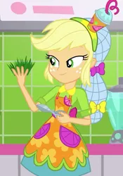 Size: 505x720 | Tagged: safe, derpibooru import, screencap, applejack, eqg summertime shorts, equestria girls, shake things up!, clothes, cropped, female, grass, hat, skirt, smiling