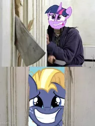 Size: 432x572 | Tagged: derpibooru import, here's johnny, meme, obsession, once upon a zeppelin, safe, stalker, star tracker, the shining, this will end in jail time, twilight sparkle