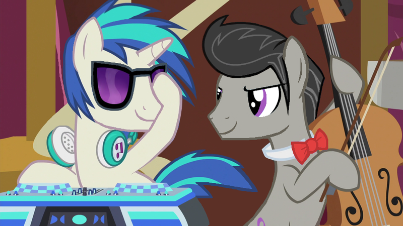 Size: 900x506 | Tagged: safe, artist:rememberstar, derpibooru import, edit, edited screencap, screencap, octavia melody, vinyl scratch, earth pony, pony, unicorn, slice of life (episode), cello, dj col-7, headphones, male, musical instrument, octavius, prolonged eye contact, record scrape, rule 63, scene interpretation, stallion, turntable