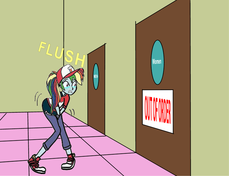 Size: 1280x989 | Tagged: safe, artist:steamfan1992, derpibooru import, rainbow dash, epic fails (equestria girls), eqg summertime shorts, equestria girls, clothes, converse, covering crotch, crying, desperation, flush, need to pee, omorashi, out of order, potty dance, potty emergency, potty time, restroom, shoes, sneakers, tears of pain, trotting, trotting in place, uniform