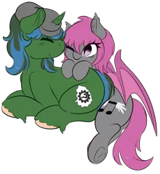 Size: 3404x3696 | Tagged: safe, artist:wickedsilly, derpibooru import, oc, oc:fruitful melody, oc:rc, unofficial characters only, bat pony, unicorn, bat pony oc, bat wings, cuddling, cute, frc, frog (hoof), oc x oc, shipping, simple background, transparent background, underhoof, wings