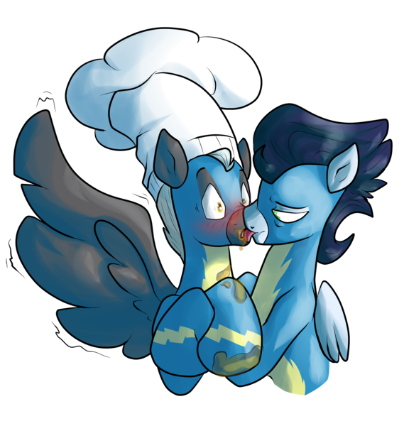 Size: 2093x2208 | Tagged: suggestive, artist:heyerika, derpibooru import, soarin', thunderlane, pegasus, pony, bedroom eyes, blushing, chef's hat, clothes, food, gay, hat, licking, male, males only, shipping, simple background, soarilane, stallion, tongue out, transparent background, uniform, wonderbolts uniform