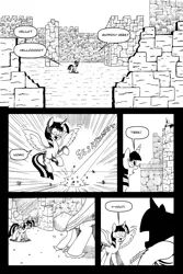 Size: 3304x4952 | Tagged: safe, artist:leon-z, derpibooru import, twilight sparkle, twilight sparkle (alicorn), alicorn, pony, comic:returns endings & beginnings, cloak, clothes, comic, energy blast, ruins, silhouette