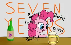 Size: 780x498 | Tagged: alcohol, artist:itsthinking, beer, derpibooru import, gray background, happy birthday mlp:fim, mlp fim's seventh anniversary, party, pinkie pie, safe, simple background, smiling, solo, wine