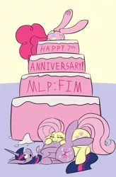 Size: 3000x4576 | Tagged: alicorn, artist:metalaura, belly, cake, chubby, derpibooru import, fluttershy, food, happy birthday mlp:fim, horn, mlp fim's seventh anniversary, pinkie pie, safe, stuffed, twilight sparkle, twilight sparkle (alicorn), wings