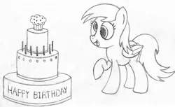 Size: 3051x1862 | Tagged: artist:bladedragoon7575, cake, candle, derpibooru import, derpy hooves, female, food, happy, happy birthday mlp:fim, mlp fim's seventh anniversary, muffin, safe, sketch, solo