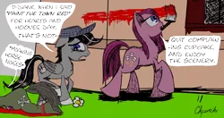 Size: 2000x1053 | Tagged: semi-grimdark, derpibooru import, pinkie pie, oc, oc:chopsticks, earth pony, pegasus, pony, comic:wtb is this?, alternate cutie mark, blood, canon x oc, clothes, cutie mark, descriptive noise, dialogue, female, hat, hearts and hooves day, horse noises, literal minded, male, mouth hold, painting, pinkamena diane pie, pun, raised hoof, speech bubble
