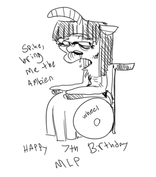 Size: 594x676 | Tagged: safe, artist:whydomenhavenipples, derpibooru import, twilight sparkle, pony, semi-anthro, ambien, dialogue, drool, floppy horn, happy birthday mlp:fim, horn, insomnia, mlp fim's seventh anniversary, monochrome, old, older, sitting, solo, wheelchair