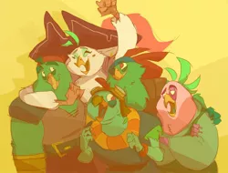 Size: 1280x973 | Tagged: anthro, artist:qso8, bird, boyle, captain celaeno, derpibooru import, eyepatch, female, fist pump, goggles, group hug, hat, hug, lix spittle, male, mullet (character), murdock, my little pony: the movie, parrot, parrot pirates, pirate, pirate hat, safe, smiling, time to be awesome