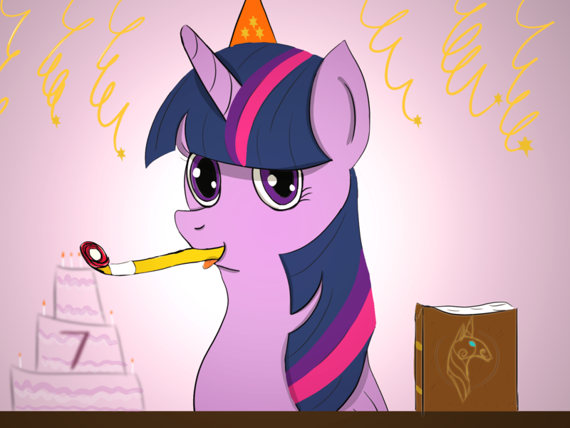 Size: 1890x1417 | Tagged: safe, artist:loira, derpibooru import, twilight sparkle, twilight sparkle (alicorn), alicorn, pony, book, cake, food, happy birthday mlp:fim, hat, mlp fim's seventh anniversary, party hat, party horn, tongue out