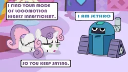 Size: 2000x1125 | Tagged: safe, artist:phucknuckl, derpibooru import, sweetie belle, pony, robot, robot pony, unicorn, blank flank, cartoon network, comic, dialogue, female, filly, foal, hooves, horn, jethro, ok k.o.! lets be heroes, open mouth, speech bubble, sweetie bot