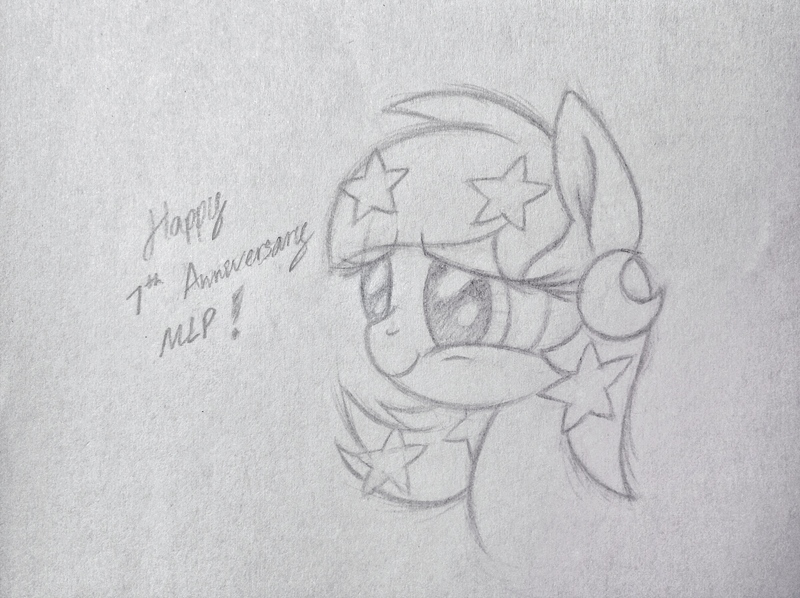 Size: 2592x1936 | Tagged: safe, artist:squeaky-belle, derpibooru import, oc, oc:temmy, ponified, pony, happy birthday mlp:fim, mlp fim's seventh anniversary, my little pony, nation ponies, pencil drawing, singapore, stars, traditional art