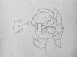 Size: 2592x1936 | Tagged: safe, artist:squeaky-belle, derpibooru import, oc, oc:temmy, ponified, pony, happy birthday mlp:fim, mlp fim's seventh anniversary, my little pony, nation ponies, pencil drawing, singapore, stars, traditional art