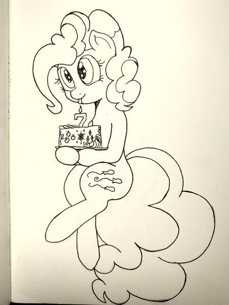 Size: 3480x4640 | Tagged: safe, artist:mang, derpibooru import, pinkie pie, cake, food, happy birthday mlp:fim, inktober, mlp fim's seventh anniversary, solo, tongue out, traditional art