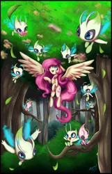 Size: 5429x8451 | Tagged: safe, artist:sayonaramisse, derpibooru import, fluttershy, celebi, pony, absurd resolution, crossover, cute, flying, forest, nintendo, pokémon, smiling, tree