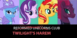 Size: 866x432 | Tagged: suggestive, derpibooru import, starlight glimmer, sunset shimmer, tempest shadow, trixie, unicorn, my little pony: the movie, counterparts, implied lesbian, twilight's counterparts, twilight's harem