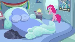 Size: 1920x1080 | Tagged: bed, bedroom, derpibooru import, lamp, pillow, pinkie pie, poster, rainbow dash's bedroom, rainbow dash's house, rug, safe, screencap, secrets and pies, wonderbolts poster
