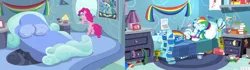 Size: 1600x450 | Tagged: safe, derpibooru import, screencap, pinkie pie, rainbow dash, equestria girls, secrets and pies, bed, bedroom, clothes, comparison, converse, lamp, rainbow dash's bedroom, rainbow dash's house, rug, shoes, wonderbolts poster