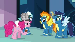 Size: 1920x1080 | Tagged: safe, derpibooru import, edit, edited screencap, screencap, fleetfoot, pinkie pie, soarin', spitfire, pony, secrets and pies, bhm, clothes, fat, fat edit, food, pie, that pony sure does love pies, uniform, wonderbolts, wonderbolts uniform