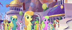 Size: 900x375 | Tagged: safe, derpibooru import, screencap, amethyst star, cantaloupe (character), cornsilk, dawn sunrays, linky, nougat praliné, shoeshine, toadstool blossom, unnamed character, unnamed pony, earth pony, pony, unicorn, my little pony: the movie, animated, background pony, background pony audience, balloon, canterlot, clones, cute, dancing, female, happy, male, marching, mare, singing, smiling, stallion, underhoof, waterfall, we got this together