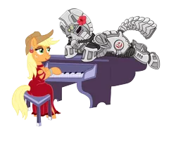 Size: 3500x3000 | Tagged: safe, artist:ghouleh, derpibooru import, applejack, oc, oc:steelhooves, earth pony, pony, fallout equestria, fanfic, applejack's rangers, armor, clothes, cowboy hat, dress, element of honesty, fanfic art, female, flower, gun, hat, hibiscus, hooves, inktober, jewelry, male, mare, ministry mares, musical instrument, piano, power armor, red dress, shipping, simple background, stallion, steel ranger, steel rangers, straight, transparent background, weapon