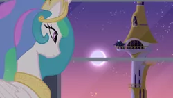 Size: 1280x720 | Tagged: safe, derpibooru import, screencap, princess celestia, princess luna, alicorn, pony, princess twilight sparkle (episode), evening, female, folded wings, frown, glowing horn, horn, jewelry, mare, moon, pensive, regalia, sky, standing, stars, tower, twilight (astronomy), window, wings