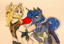 Size: 2564x1746 | Tagged: safe, artist:ameliacostanza, derpibooru import, princess luna, ponified, alicorn, pony, crossover, female, hammer, male, mare, marvel, marvel comics, mjölnir, simple background, stallion, thor, traditional art, war hammer, weapon