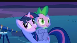 Size: 1280x720 | Tagged: safe, derpibooru import, screencap, spike, twilight sparkle, dragon, pony, unicorn, owl's well that ends well, bags under eyes, duo, female, hill, looking away, looking up, male, mare, night, open mouth, outdoors, sitting on, sitting on pony, smiling, standing, stargazing, surprised, telescope, thousand yard stare, unicorn twilight