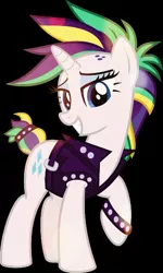 Size: 346x575 | Tagged: safe, artist:lauraselenaantonia, derpibooru import, rarity, pony, it isn't the mane thing about you, alternate hairstyle, black background, punk, raised hoof, raripunk, simple background, solo